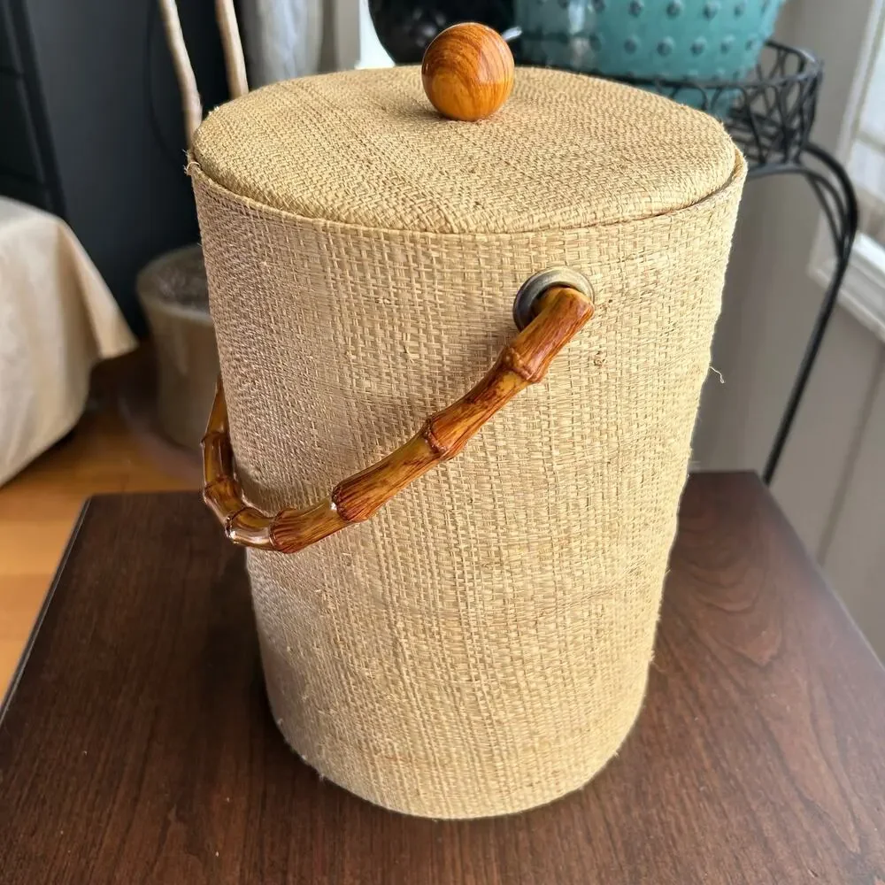 Vintage Mid-Century Modern Tall Grass Cloth Ice Bucket with Bamboo Handle